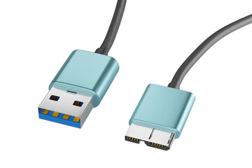 Close-up view of USB 3.0 cable type A - Micro-B isolated on white background, 3d rendering