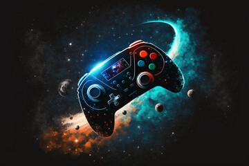 illustration of game controller with universe background