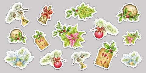 Watercolor composition, winter bouquet for New Year and Christmas. Highly detailed design for cards, party invitations, holiday sales. Can be used for poster, packaging, gifts.