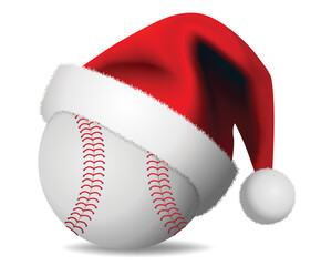 Baseball and Santa Claus hat. Merry christmas Card - vector design illustration on white Background