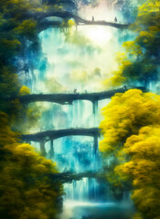 Fantasy landscape with waterfalls, forest and cherry blossoms