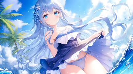 Obraz na płótnie Canvas Sexy anime japanese girl big blue eyes on sea