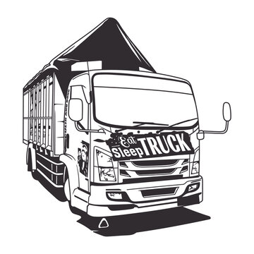 Logistics truck transport. Semi truck, cargo delivery. Vector line art illustration
