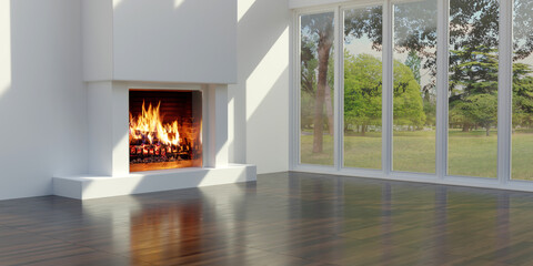 Obraz premium Energy Fireplace in white concrete wall, wooden floor, space. Park through glass window. 3d render