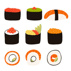 Sushi set in cartoon flat style. Hand drawn vector illustration of Japanese traditional cuisine