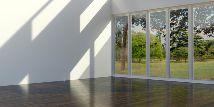 Empty room interior background. Garden trees out of window. Cozy home. 3d
