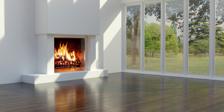 Energy Fireplace in white concrete wall, wooden floor, space. Park through glass window. 3d render