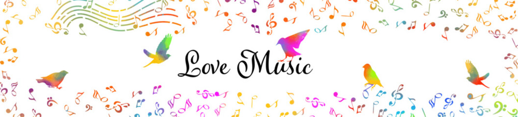 music notes and birds horizontal frame background. Vector illustration