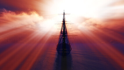 Fototapeta premium old ship sunset at sea 3d rendering