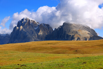 View of Sassolungo and Sassopiatto mountains of the Langkofel Group in Seiser Alm, Dolomites, Italy, Europe