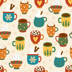 Colorful seamless pattern with different mugs of coffee. Vector illustration.