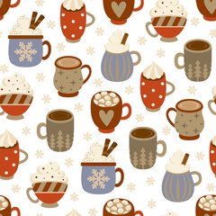 Colorful seamless pattern with different mugs of coffee. Vector illustration.