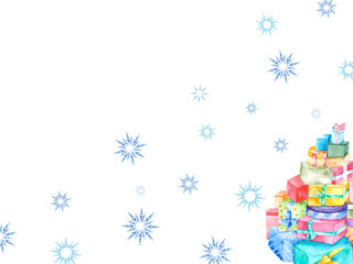 Fototapeta na wymiar Snowflakes and a mountain of gifts on a white background with space for text. New Year's greeting card for greetings, invitations and banners.