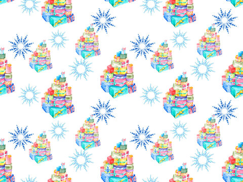 Snowflakes and gifts on a white background. Seamless pattern for textiles, wallpaper and Christmas holiday packaging.