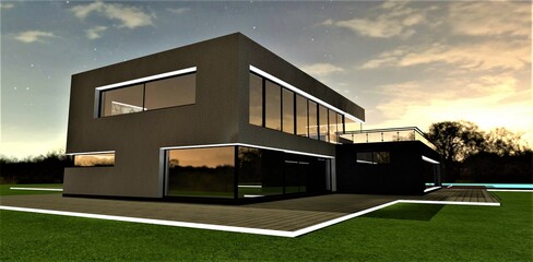 Spacious low-rise office building with illuminated facade at night. Work in the countryside in an eco-friendly quiet place. 3d rendering.