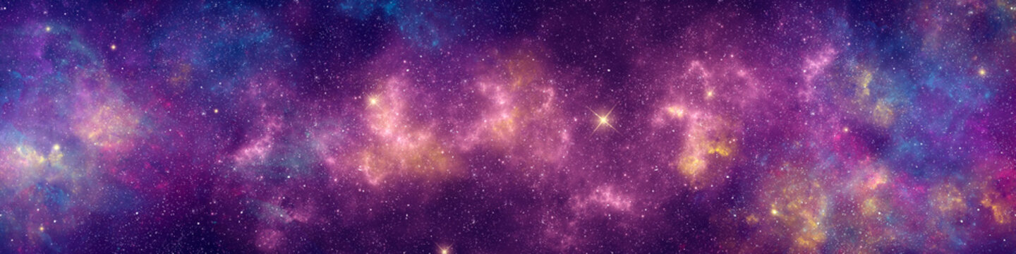 Nebula and stars in night sky web banner. Space background.