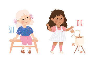 Little Girl Sitting and Watching Dying Flower in Pot Demonstrating Vocabulary and Verb Studying Vector Set