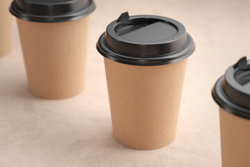 Paper cups on the coffee table. 3d render.