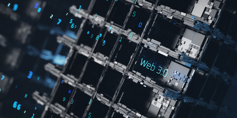 WEB 3.0 against the background of dark blocks. The concept of decentralized, technology and upgrade. 3D rendering.