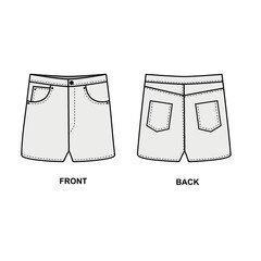 illustration of a shorts, vector. Sketch of short denim shorts with pockets. Technical drawing of women's summer shorts, vector.