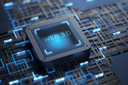 WEB 3.0 chip on a computer board. The concept of decentralized, technology and upgrade. 3D rendering.