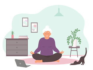 An elderly woman does yoga on the floor in the room. A gray-haired old lady is engaged in gym online at home, watching a laptop. Vector graphics.