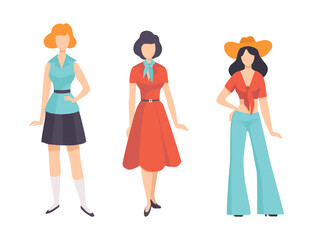 Woman Character Wearing Vintage Clothing from 70s in Standing Pose Vector Set