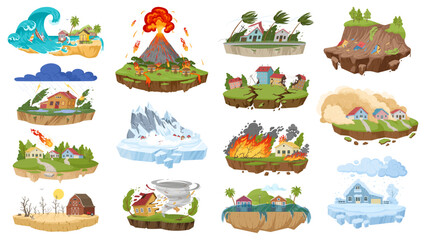 Cartoon natural disasters, flooding, earthquake and snow blizzard. Environment damage extreme weather, hurricane, flooding and forest fire flat vector illustration set. Natural cataclysm collection - obrazy, fototapety, plakaty