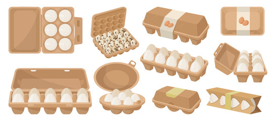 Cartoon eggs packaging, eggs in cardboard boxes. Farmer market, grocery store chicken eggs, organic healthy food flat vector illustration set. Chicken eggs in boxes