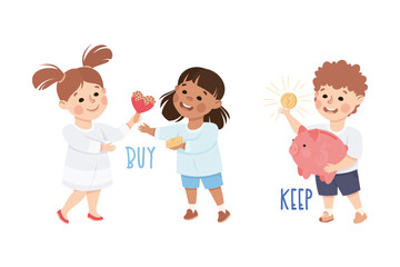 Little Boy and Girl Buying Cookie and Keeping Money in Piggy Bank Demonstrating Vocabulary and Verb Studying Vector Set