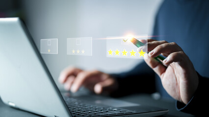 Customer review satisfaction feedback survey concept. User give rating to service experience on online application. Customer can evaluate quality of service leading to reputation ranking of business.