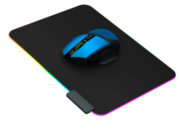 Modern gaming computer mouse on professional pad on white background