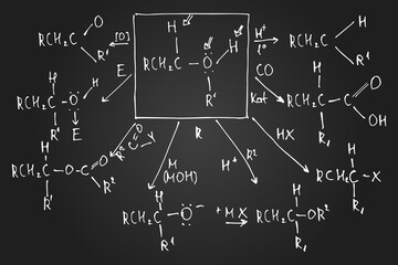 Chemical formulas and outlines on blackboard. Vector doodle set. Education and scientific background.