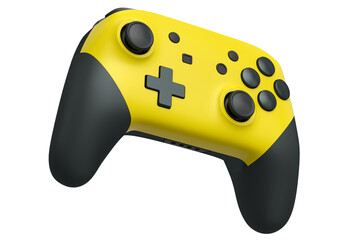 Realistic yellow video game joystick on white background