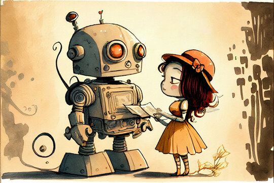 Girl in a hat talking to a robot
