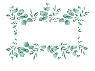 Watercolor floral horisontal frame. Eucalyptus and pistachio branches isolated on white background. Can be used for wedding, greeting cards, baby shower, banners, blog templates, logos and cosmetic