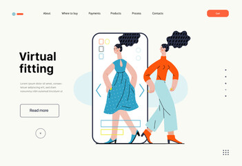 Virtual fitting - Online shopping and electronic commerce series - modern flat vector concept illustration of a woman fitting clothes in app. Promotion, discounts, sale and online orders concept