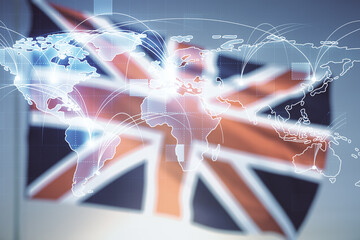 Abstract graphic digital world map hologram with connections on British flag and sunset sky...