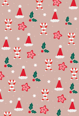 Merry Christmas pattern with xmas decor elements. Christmas wallpaper with decorations - seamless texture on beuge background pattern with Christmas hat, berries, caramel cane and stars elements.