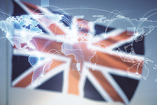 Abstract graphic digital world map hologram with connections on British flag and sunset sky background, globalization concept. Multiexposure