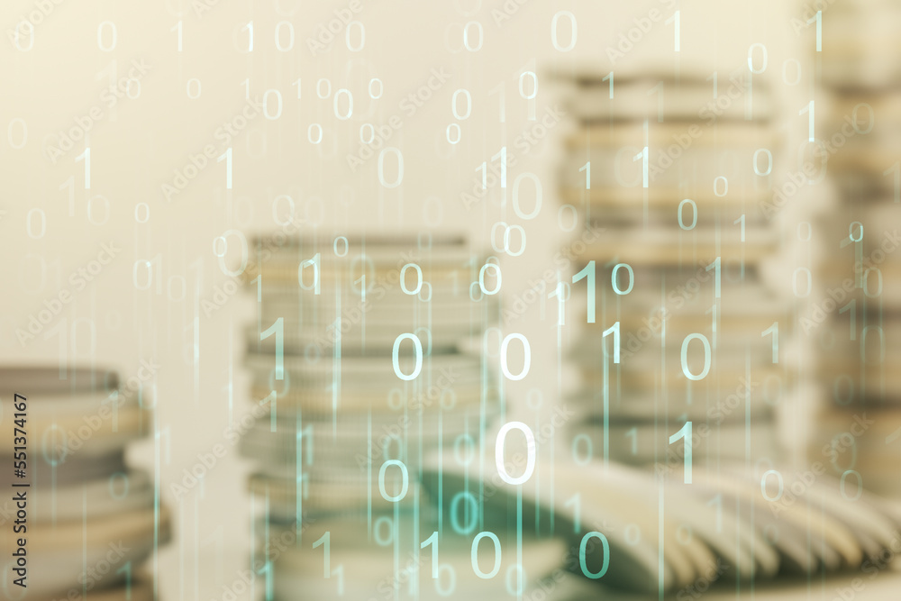 Aufkleber Abstract virtual binary code hologram on coins background, AI and machine learning concept. Multiexposure