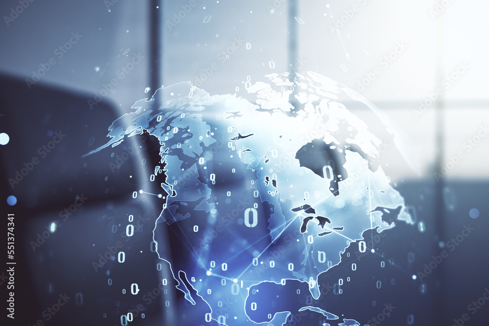 Poster double exposure of abstract programming language hologram and world map on a modern meeting room bac