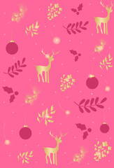 Christmas and new year deer pattern greeting card with gold elements.Xmas card with golden elements on pink background