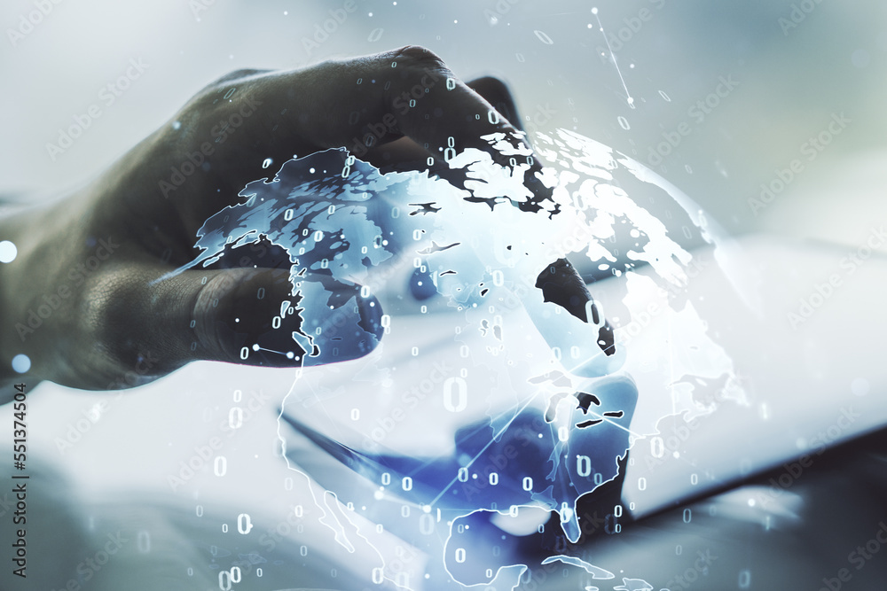 Aufkleber multi exposure of abstract programming language hologram with world map and hand working with a digi