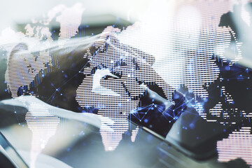 Abstract creative digital world map and finger clicks on a digital tablet background, globalization...