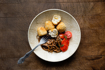 chicken meatballs with buckwheat noodles