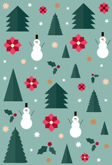 Fototapeta premium Merry Christmas pattern with xmas decor elements. Christmas wallpaper with decorations - seamless texture on blue background pattern with Christmas tree, hat, snowman and stars elements.