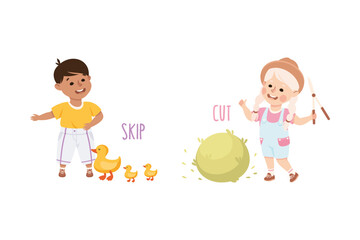Little Boy and Girl Skipping Ducks and Cutting Bush with Garden Pruner Demonstrating Vocabulary and Verb Studying Vector Set