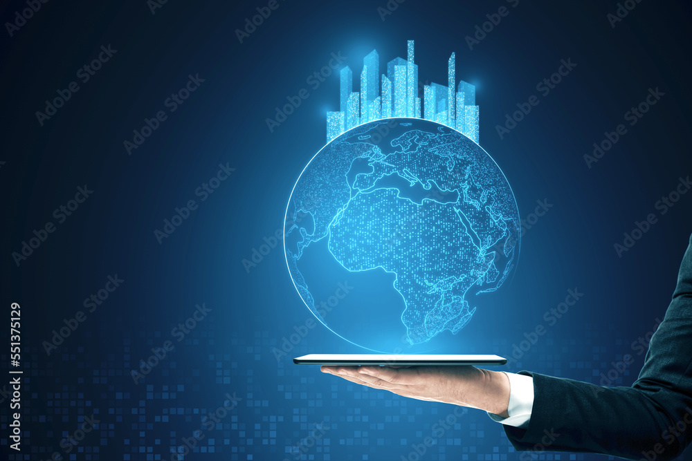 Poster close up of man hand holding tablet with glowing map with city hologram on blurry background. abstra