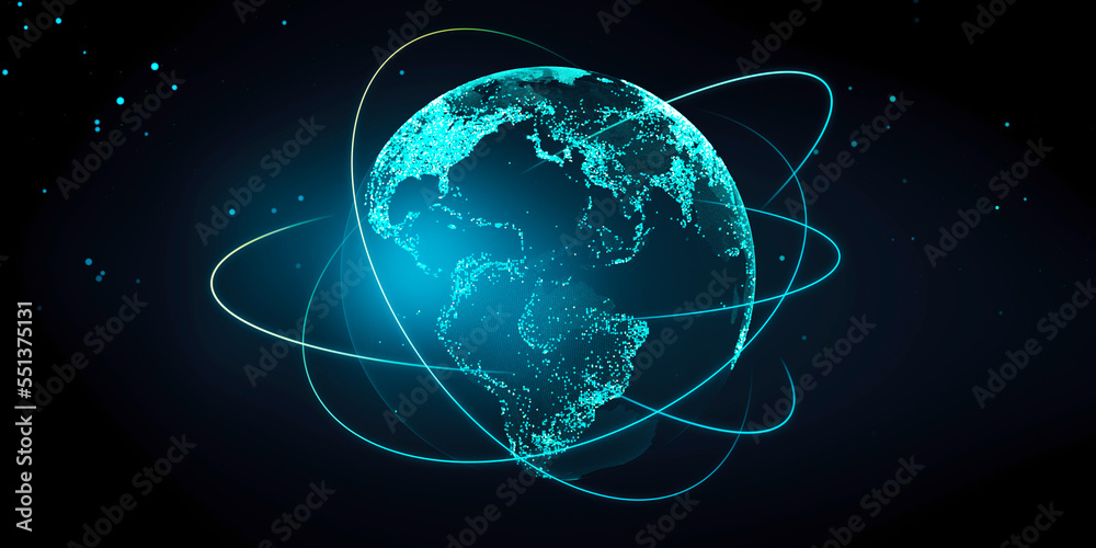 Poster creative glowing globe hologram on dark background. technology, metaverse and digital map concept. 3